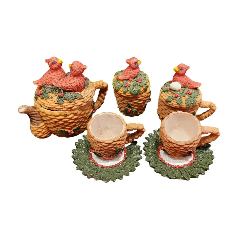 Vintage Bird Tea Set Spring Birds Nest Red Detailed 10 Pieces Miniature Tea Set